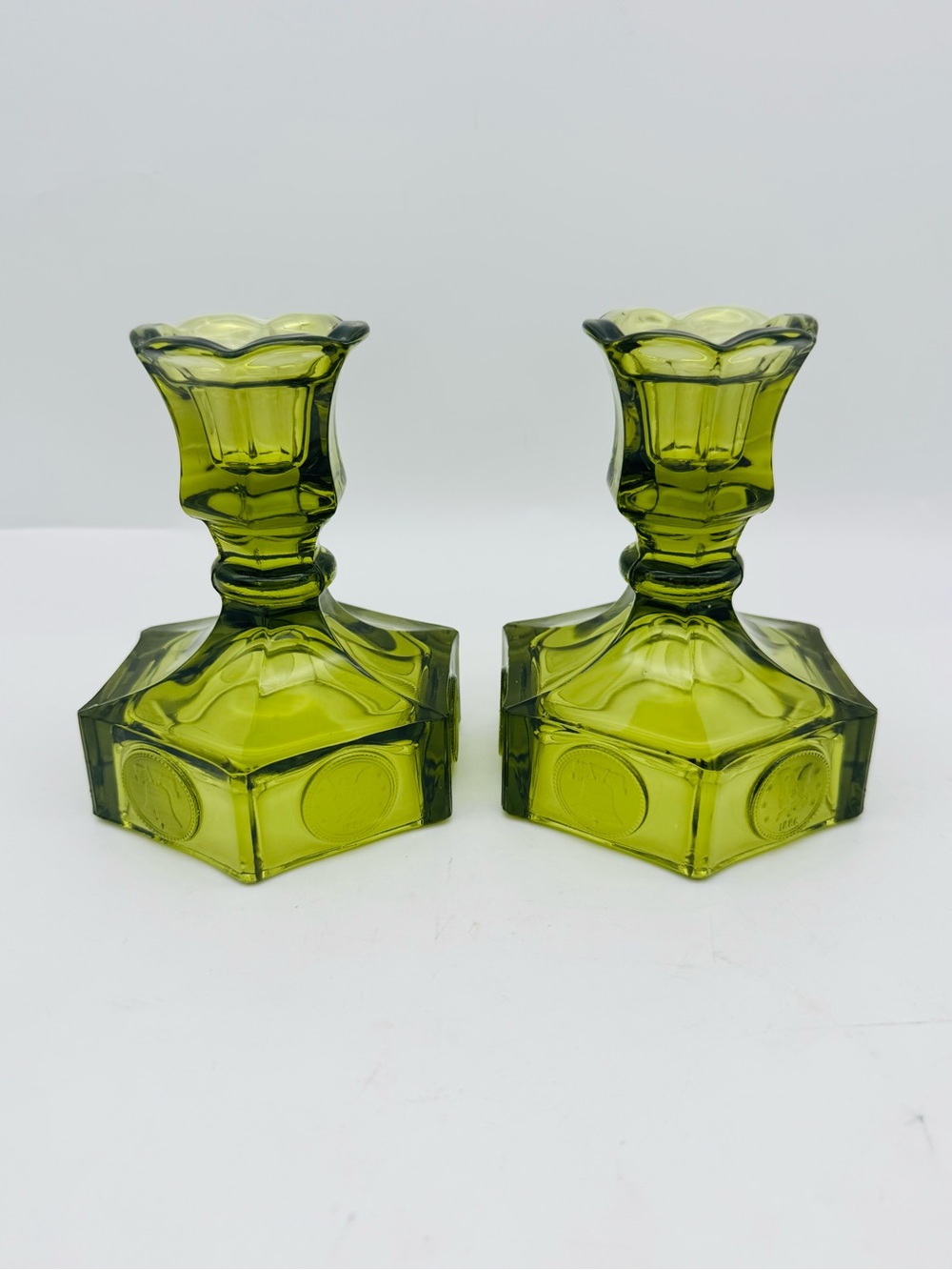 Vintage Fostoria Coin Dot Glass Set of Candleholders, Olive Green
